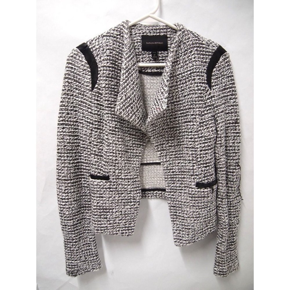 Banana Republic Womens Blazer 4P Petite Tweed Open Waterfall White Black Striped